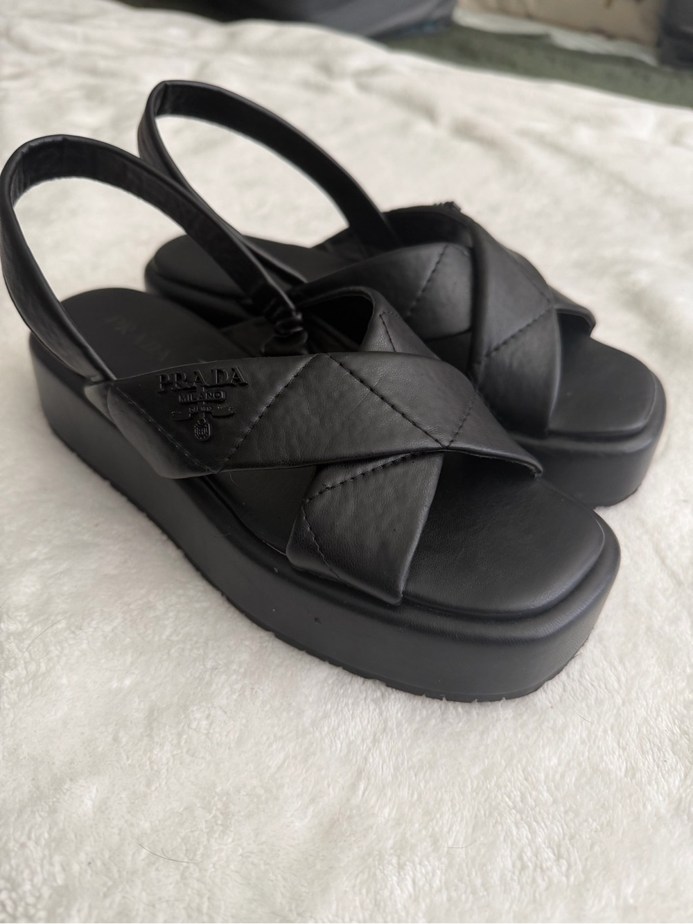Prada Black Leather Crisscross Platform Slingback Sandals - Picture 2 of 5